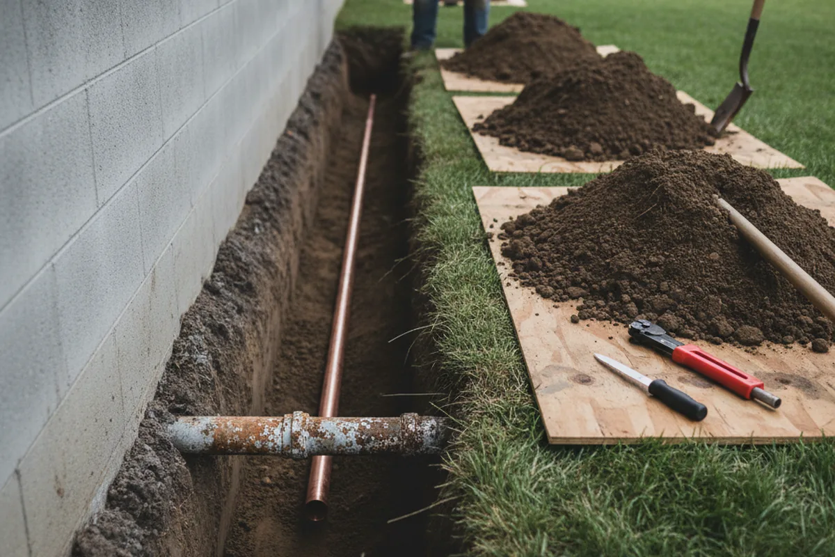 Excavated water line trench during Water Heater Repair in Verona